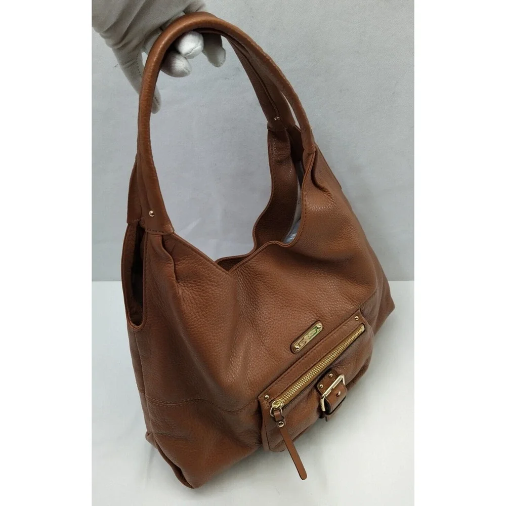 Michael Kors Fulton Brown Pebbled Leather Buckle Pocket Zipper Hobo Shoulder Bag